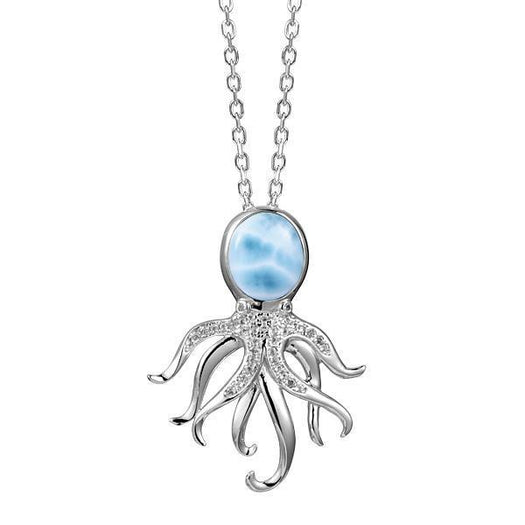 The picture shows a 925 sterling silver larimar octopus pendant.
