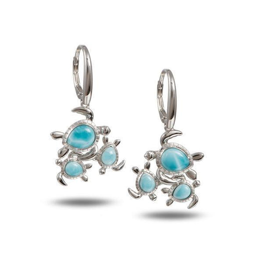 The picture shows a pair of 925 sterling silver larimar sea turtles lever-back earrings.