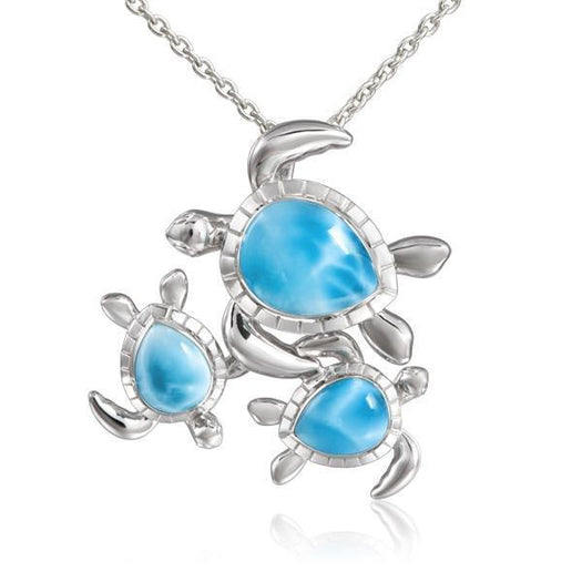 The picture shows a 925 sterling silver family of three sea turtles pendant with larimar.