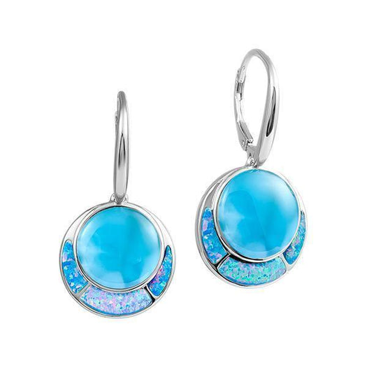 The picture shows a pair of 925 sterling silver larimar and opalite circle earrings.