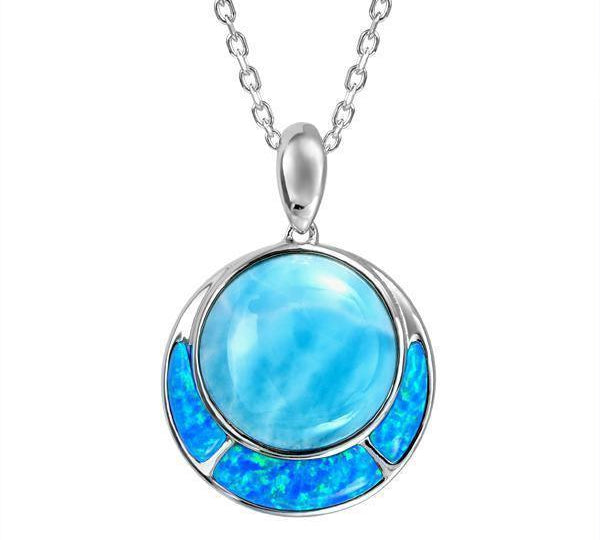 The picture shows a 925 sterling silver larimar and opalite circle pendant.