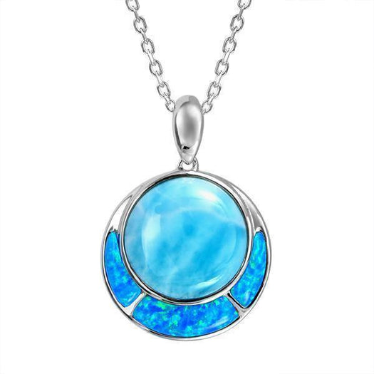 The picture shows a 925 sterling silver larimar and opalite circle pendant.