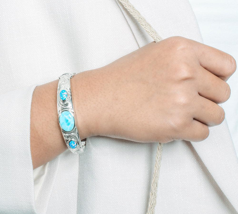 Larimar & Opalite Engraved Scroll Bangle Bangle Island by Koa Nani 