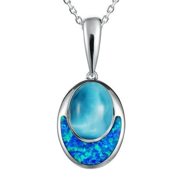 The picture shows a 925 sterling silver larimar and opalite oval pendant.