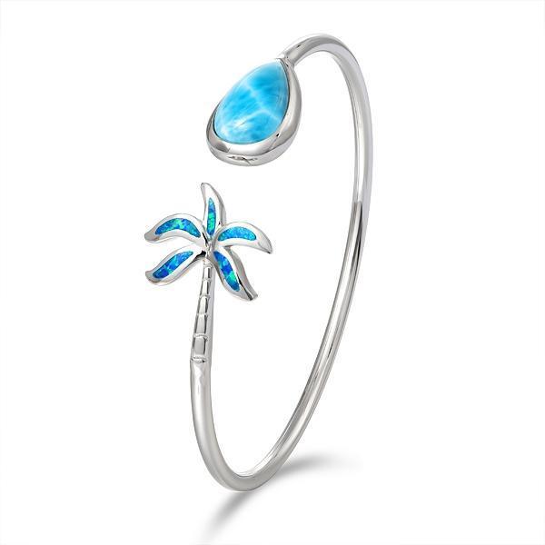 This photo shows a 925 sterling silver larimar teardrop and opalite palm tree banle