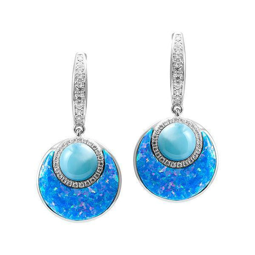 The picture shows a pair of 925 sterling silver larimar and opalite lever-back earrings.