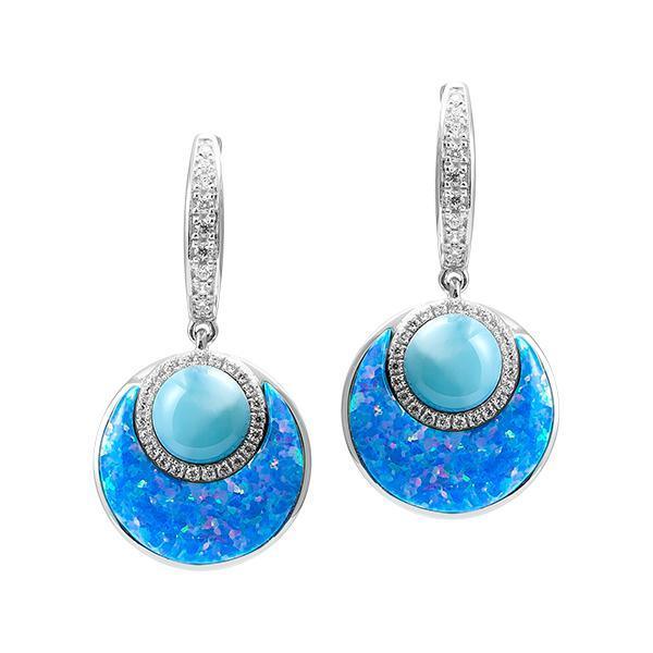 The picture shows a pair of 925 sterling silver larimar and opalite lever-back earrings.