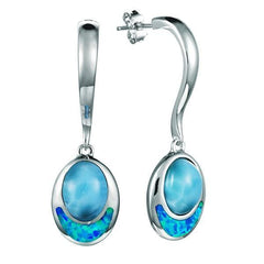 This image has 925 sterling silver larimar and opalite oval dangle earrings