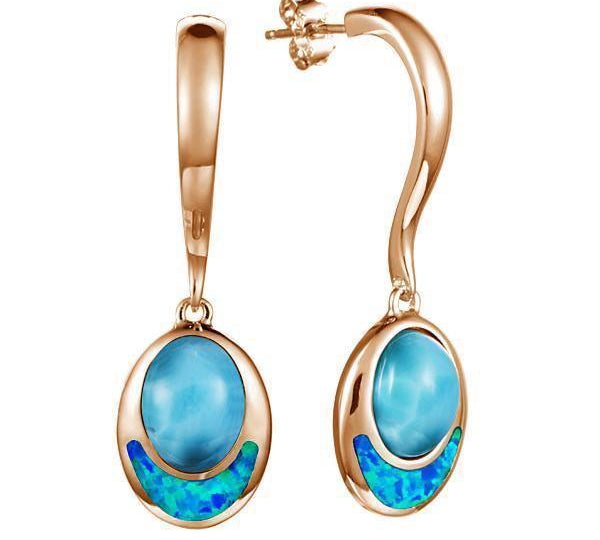 The picture shows a pair of 14K rose gold larimar and opalite oval earrings.