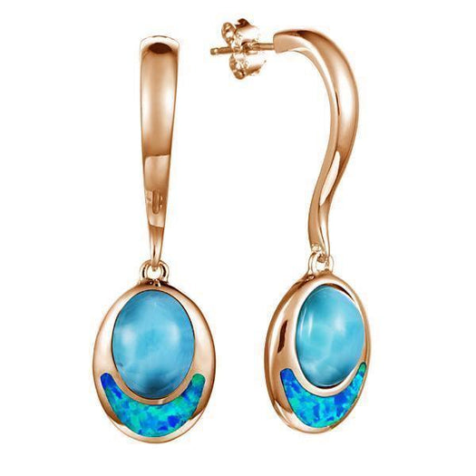The picture shows a pair of 14K rose gold larimar and opalite oval earrings.