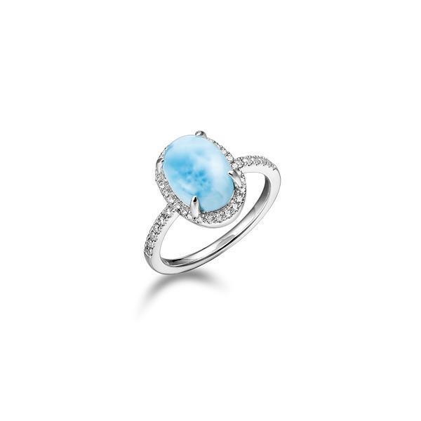 The picture shows a 925 sterling silver larimar oval ring lined with topaz.