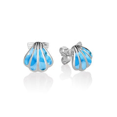The picture shows a pair of 925 sterling silver larimar oyster shell stud earrings.