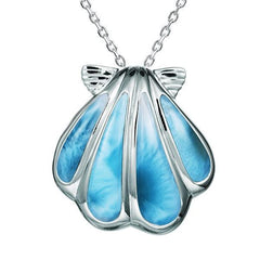 The picture shows a 925 sterling silver larimar oyster shell pendant.