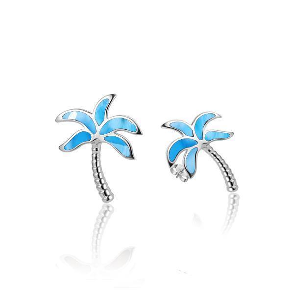 In this photo there is a pair of 925 sterling silver palm tree stud earrings with larimar gemstones.
