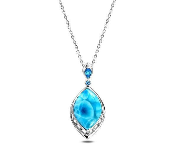 The picture shows a 925 sterling silver larimar peacock feather pendant with topaz and aquamarine.