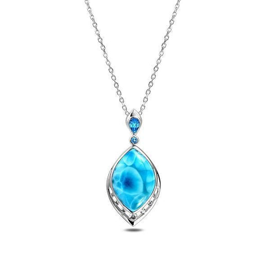 The picture shows a 925 sterling silver larimar peacock feather pendant with topaz and aquamarine.