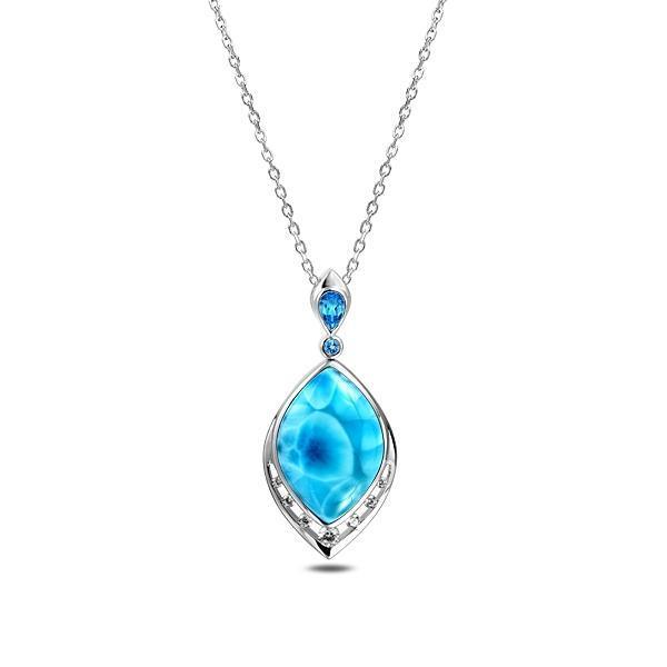 The picture shows a 925 sterling silver larimar peacock feather pendant with topaz and aquamarine.