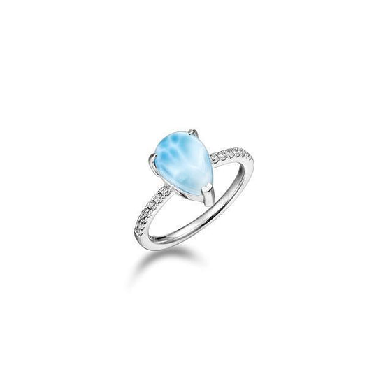 The picture shows a 925 sterling silver larimar petal ring with a topaz band.