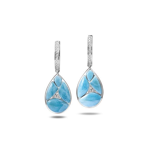 The picture shows a pair of 925 sterling silver larimar teardrop lever-back earrings with topaz.