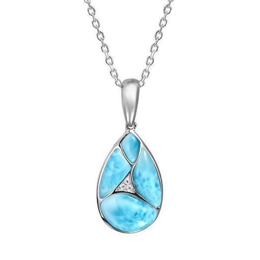 The picture shows a 925 sterling silver larimar pieces of love teardrop pendant with cubic zirconia.