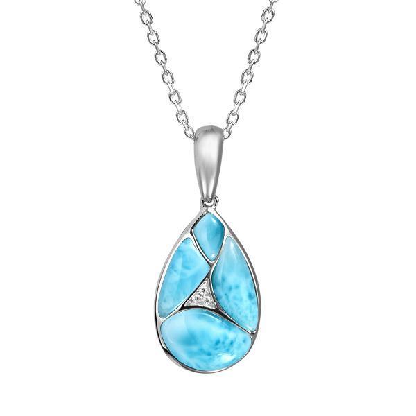 The picture shows a 925 sterling silver larimar pieces of love teardrop pendant with cubic zirconia.