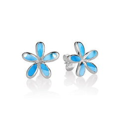 In this photo there is a pair of 925 sterling silver pikake flower stud earrings with blue larimar gemstones.