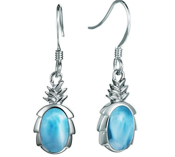 In this photo there is a pair of 925 sterling silver pineapple hook earrings with blue larimar gemstones.