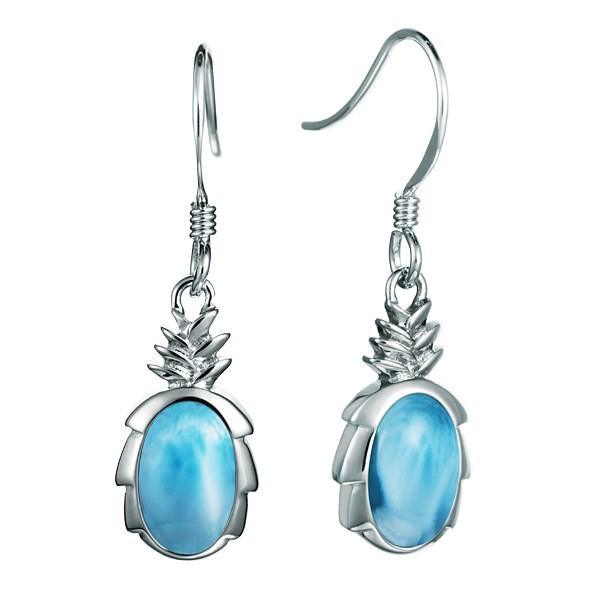 In this photo there is a pair of 925 sterling silver pineapple hook earrings with blue larimar gemstones.