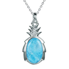 In this photo there is a sterling silver pineapple pendant with one blue larimar gemstone.