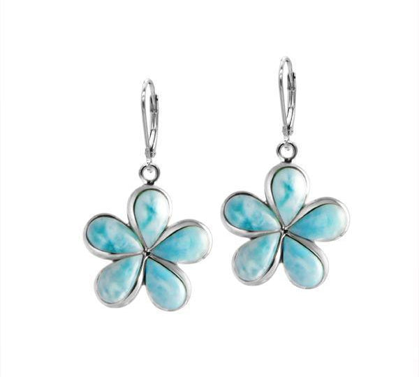 In this photo there is a pair of sterling silver plumeria lever-back earrings with blue larimar gemstones.