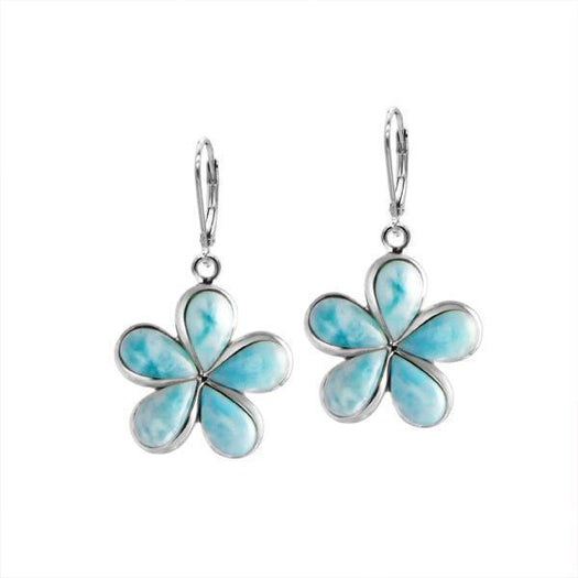 In this photo there is a pair of sterling silver plumeria lever-back earrings with blue larimar gemstones.