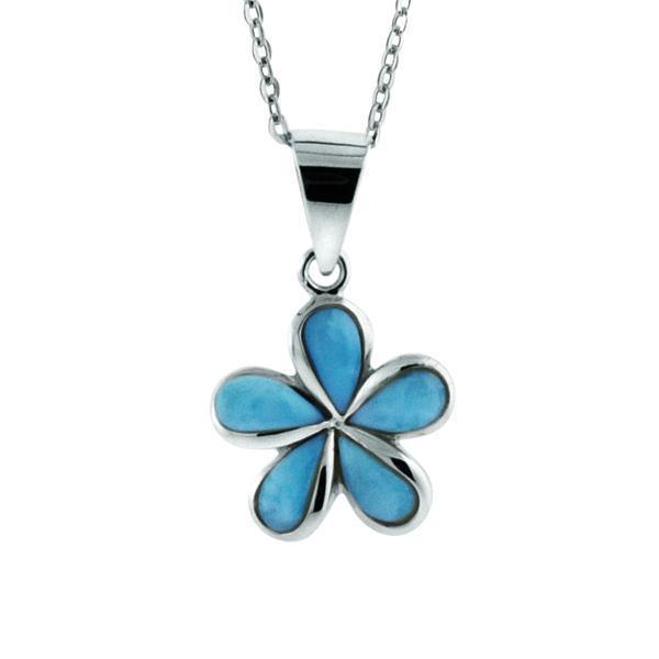 In this photo there is a small sterling silver plumeria pendant with blue larimar gemstones.