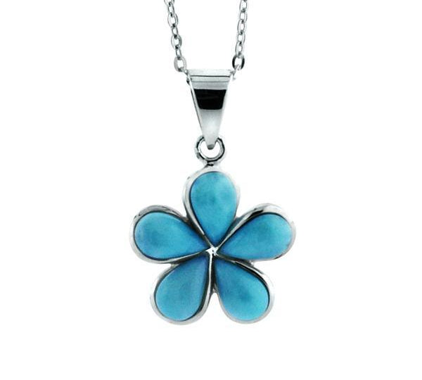 In this photo there is a medium sized sterling silver plumeria pendant with blue larimar gemstones.