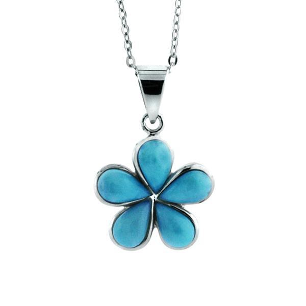 In this photo there is a medium sized sterling silver plumeria pendant with blue larimar gemstones.
