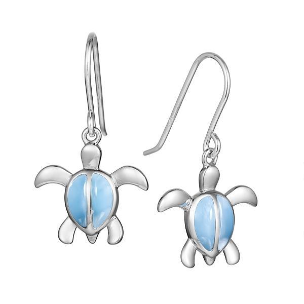 The picture shows a pair of 925 sterling silver larimar sea turtle hook earrings.