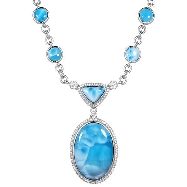 The picture shows a 925 sterling silver larimar necklace with circles, an oval, and a triangle, paired with cubic zirconia.