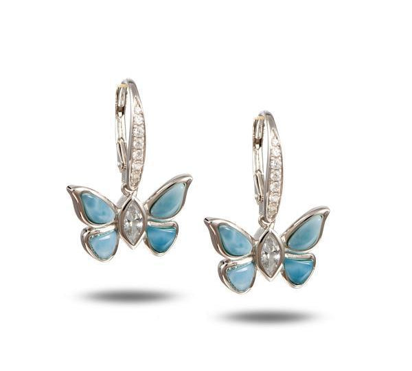 In this photo is a pair of 925 sterling silver butterfly lever-back earrings with blue larimar, topaz, and aquamarine gemstones.