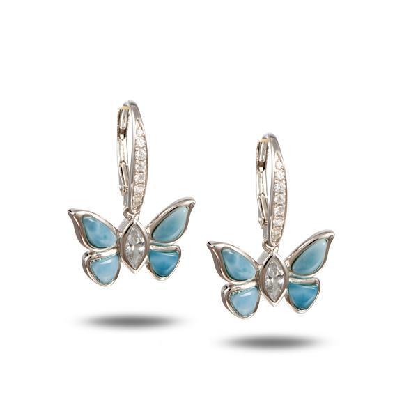In this photo is a pair of 925 sterling silver butterfly lever-back earrings with blue larimar, topaz, and aquamarine gemstones.