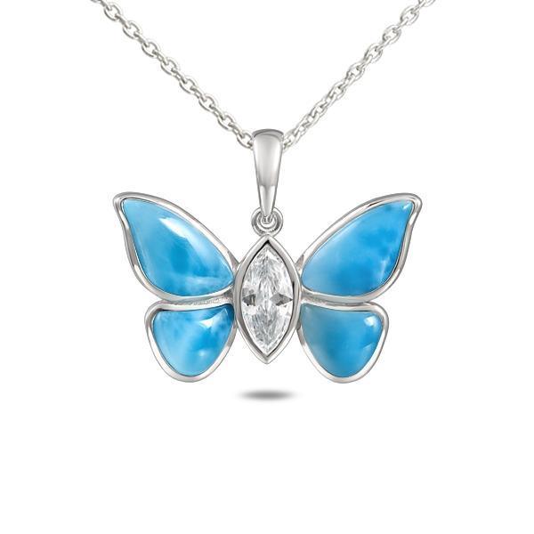 In this photo there is a sterling silver butterfly pendant with blue larimar gemstones and aquamarine.