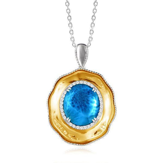 The picture shows a 925 sterling silver larimar and topaz royal sun pendant.