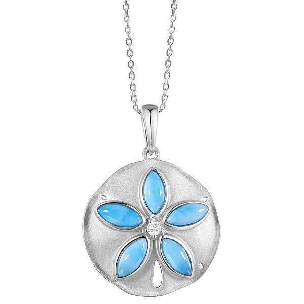 The picture shows a 925 sterling silver larimar sand dollar pendant with topaz.