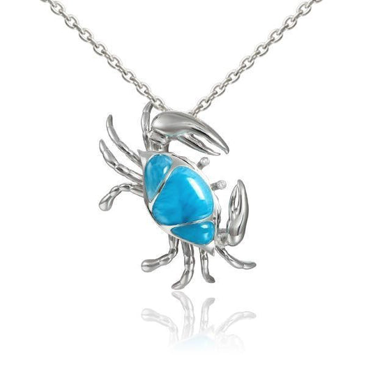 The picture shows a 925 sterling silver larimar sand dune blue crab pendant.