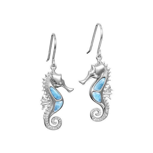 The picture shows a pair of 925 sterling silver larimar seahorse hook earrings with topaz.