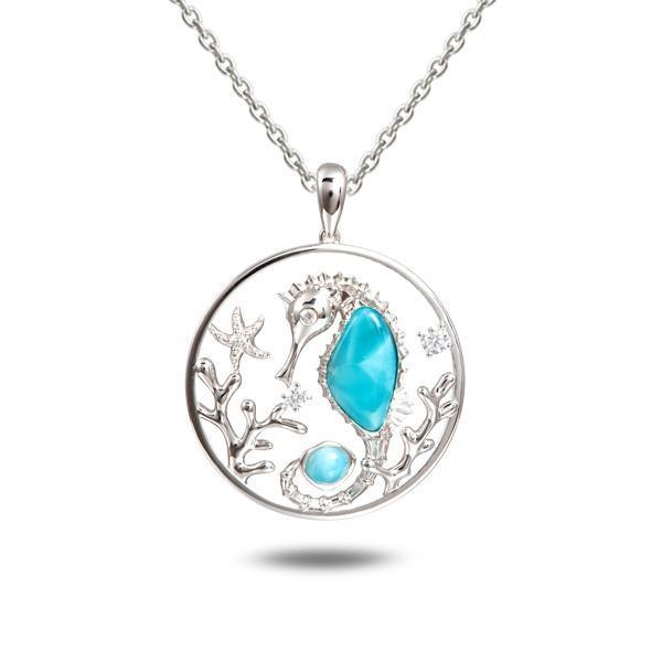 The picture shows a 925 sterling silver larimar seahorse eternity pendant that includes a seahorse, seaweed, and starfish paired with larimar and topaz.