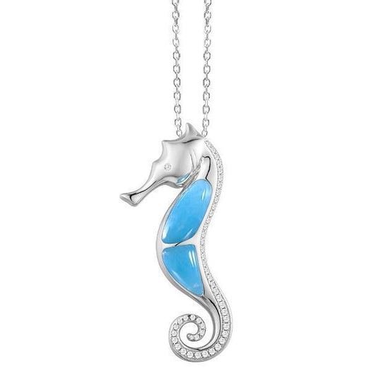 The picture shows a 925 sterling silver larimar seahorse pendant.