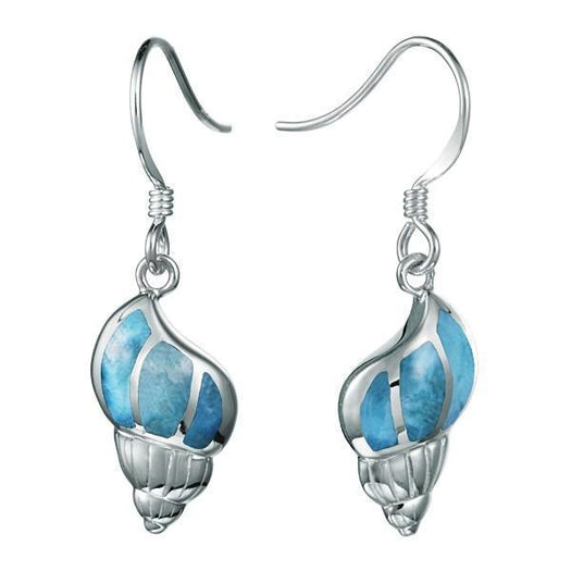 In this photo is a pair of 925 sterling silver shell hook earrings with blue larimar gemstones.