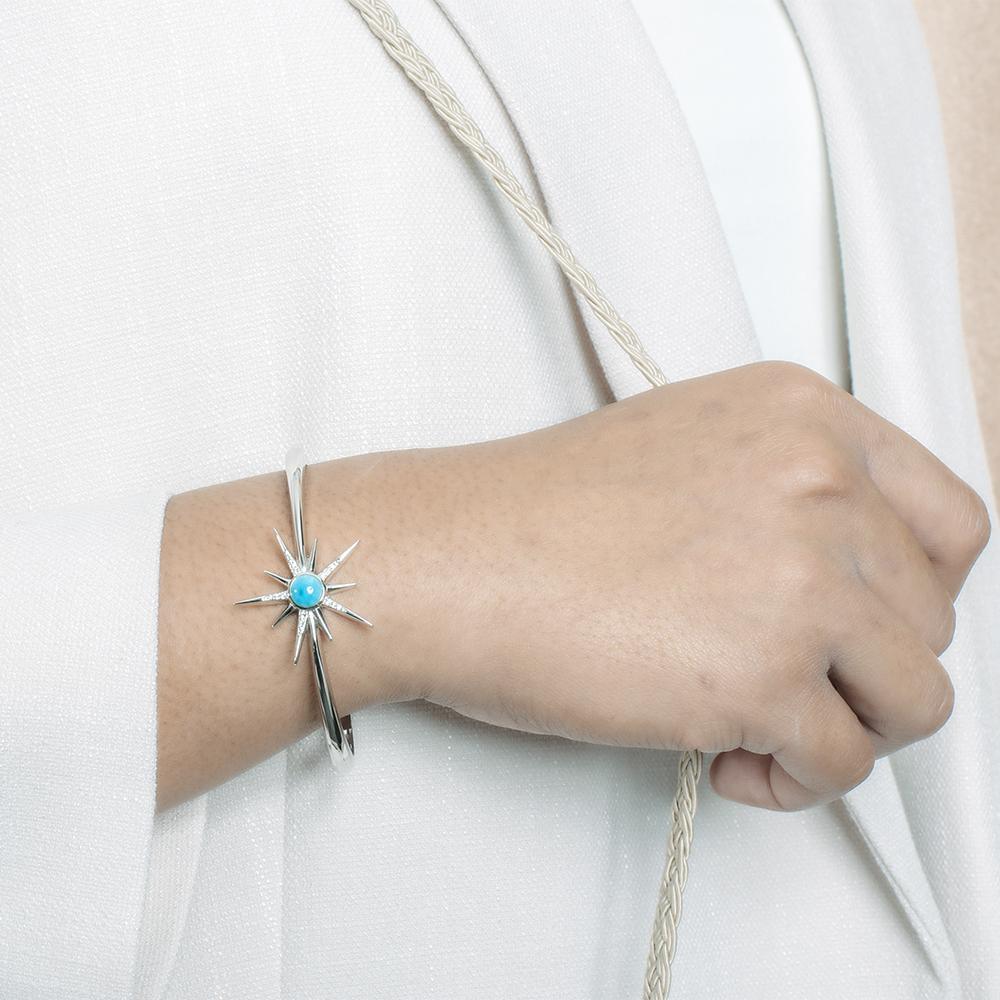 The picture shows a 925 sterling silver larimar shooting star bangle.