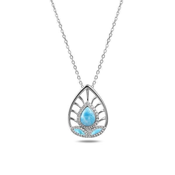 The picture shows a 925 sterling silver larimar shrine pendant with cubic zirconia.