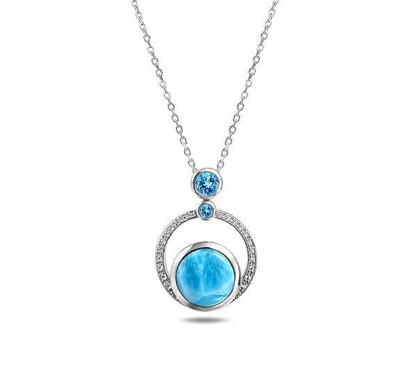 The picture shows a 925 sterling silver larimar solar pendant.