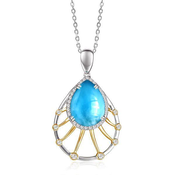 In this photo there is a sterling silver and gold plated tear drop pendant with topaz, aquamarine, and one blue larimar gemstone.